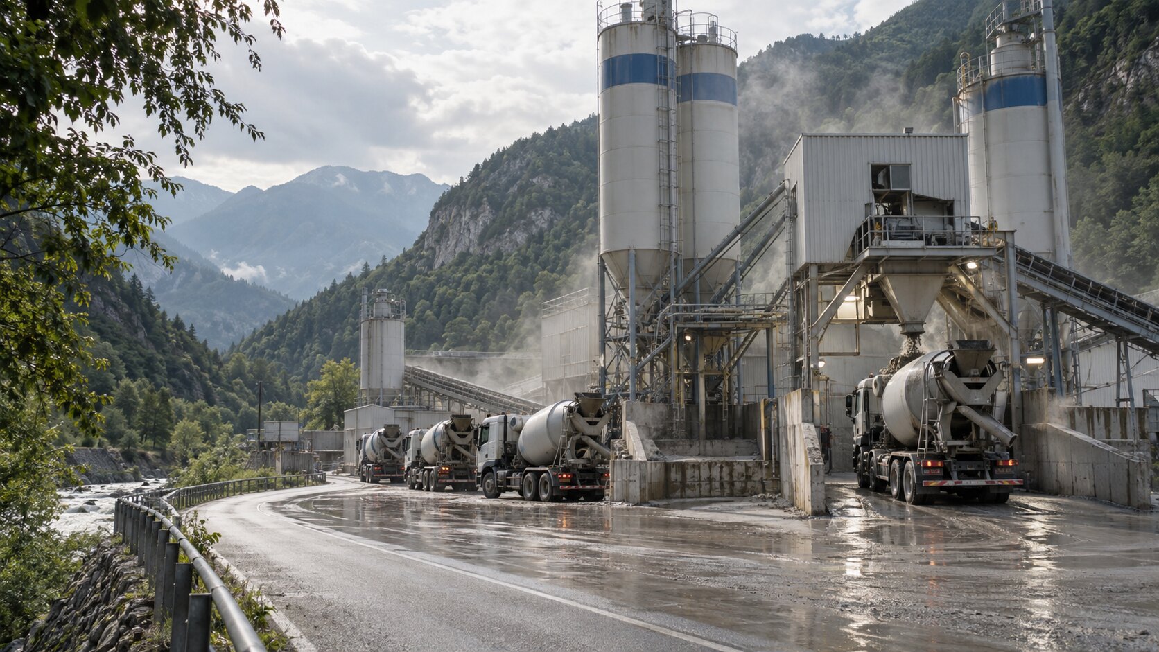 Immagine illustrativa di un impianto di betonaggio in funzione con camion in attesa di caricare